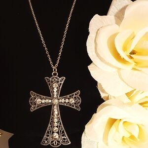 Handmade Cross Pendant Necklace Gold With Rhinestones 23" long Chain